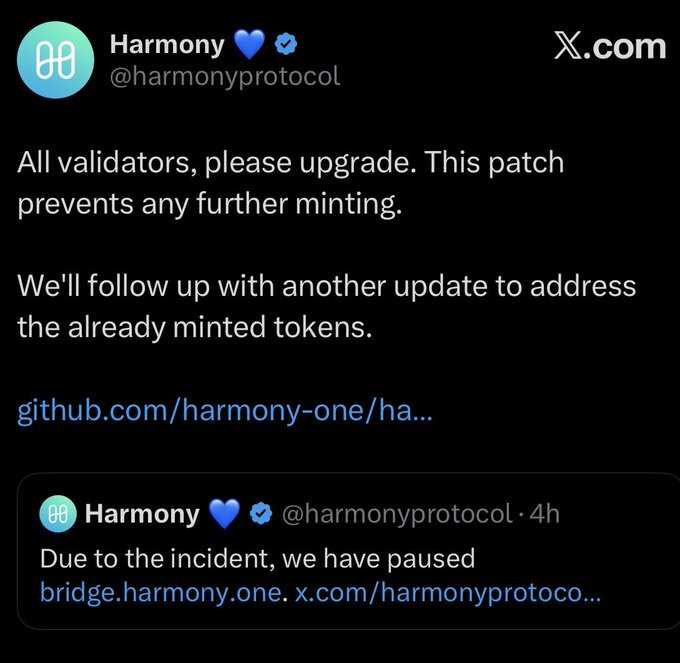 A screenshot of a tweet from Harmony (@harmonyprotocol) requesting validators to upgrade to a patch, stating 'Due to the incident, we have paused bridge.harmony.one.'