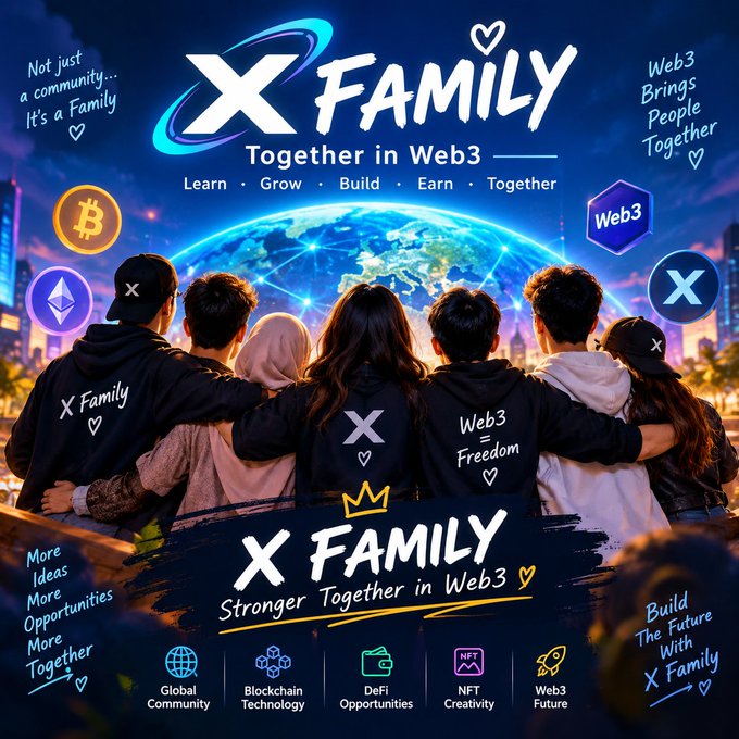 A group stands arm-in-arm facing a glowing digital Earth, wearing "X Family" jackets beneath the bold heading "X FAMILY — Together in Web3" with the tagline "Learn · Grow · Build · Earn · Together," surrounded by Bitcoin, Ethereum, Web3, and X icons. The visual reinforces the post's message of unity and shared growth, showing the community moving forward together through Web3 and crypto with icons for Global Community, Blockchain Technology, DeFi Opportunities, NFT Creativity, and Web3 Future.