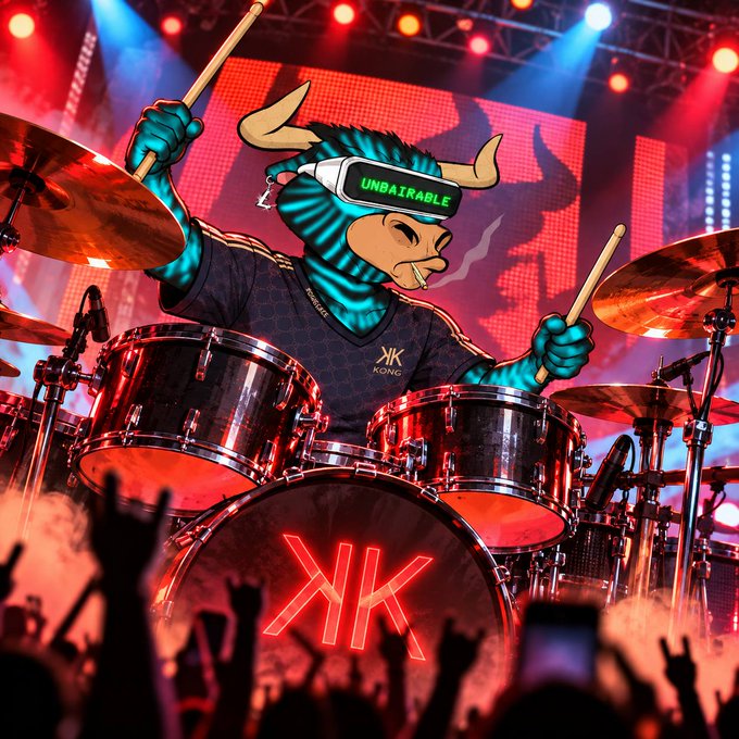 A vibrant, animated character with teal fur and horns performs energetically on a drum kit at a concert, wearing VR goggles displaying "UNBAIRABLE" while a glowing "XK" logo appears on the bass drum—perfectly capturing the "Gm, let's make today count" post with its bold, hyped-up energy.