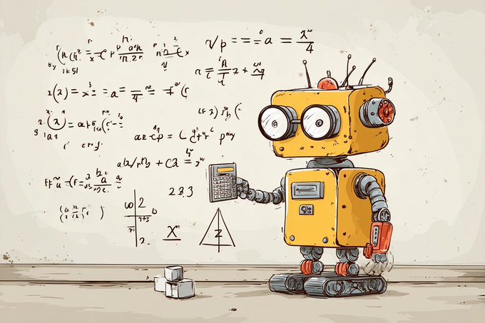 A cartoon yellow robot stands before a wall covered in handwritten mathematical equations, holding a calculator as it attempts to solve complex formulas—visually illustrating the post's message about AI advancing to the point where it can demonstrate and prove its own reasoning abilities.
