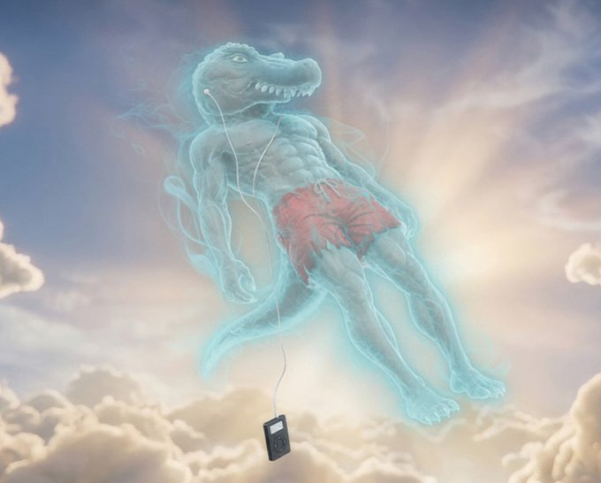 A fantasy digital artwork depicting a translucent, muscular crocodile humanoid figure wearing red shorts and listening to a portable music player via earphones, floating in a cloudy sky.