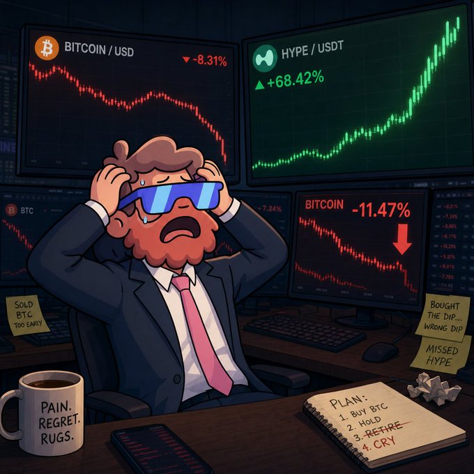 The image shows a man wearing glasses, sitting at his desk with a mug of coffee next to him and a notebook on the table. On one side of the desk, there are multiple computer monitors displaying stock market graphs related to Bitcoin. The central focus of the image is that Michael Saylor has sold $BTC (Bitcoin) to buy HOPE, as indicated by the text in the image.