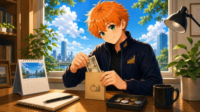 An anime-style illustration shows a young man with orange hair sitting at a desk by a window, putting a banknote into a brown paper bag alongside a notebook, calendar, and coffee mug.