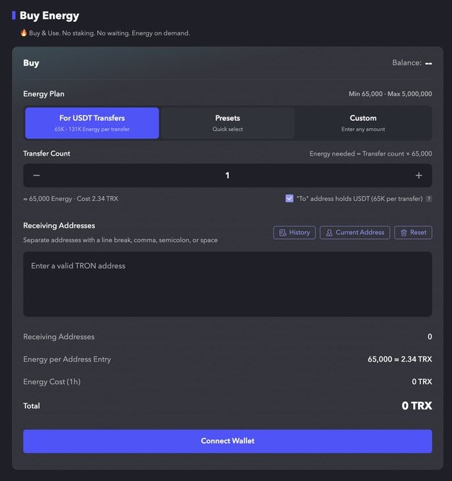 The image shows the "Buy Energy" interface from JUST DAO, displaying options to purchase energy with USDT transfers (65K-131K energy per transfer) at a cost of 2.34 TRX for 65,000 energy, along with fields for transfer count and receiving TRON addresses. This directly illustrates the post's description of the new #BuyEnergy feature, which replaces the traditional staking process by allowing users to buy energy on demand without locking up TRX.