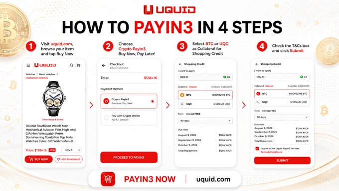 An infographic titled 'HOW TO PAYIN3 IN 4 STEPS' from Uquid, illustrating a crypto payment process using BTC and UQC on a shopping credit platform, showing watch checkout and Bitcoin payment options.