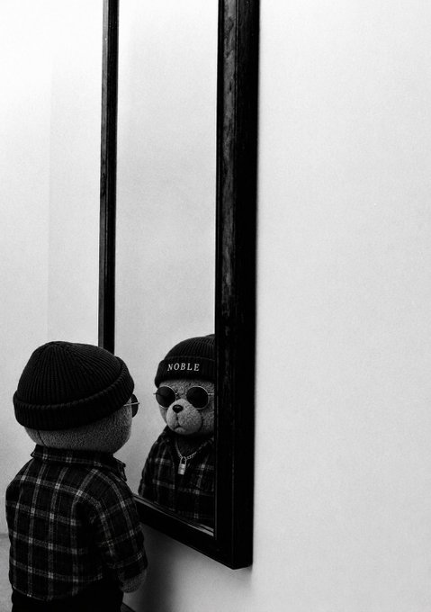 A black and white photograph of a teddy bear wearing a beanie, sunglasses, and a plaid shirt, looking at its reflection in a mirror where the reflection wears a 'NOBLE' hat.