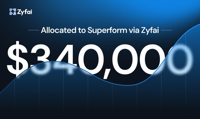 A dark blue graphic from ZyFAI displaying the text "Allocated to Superform via Zyfai" alongside the large amount "$340,000".