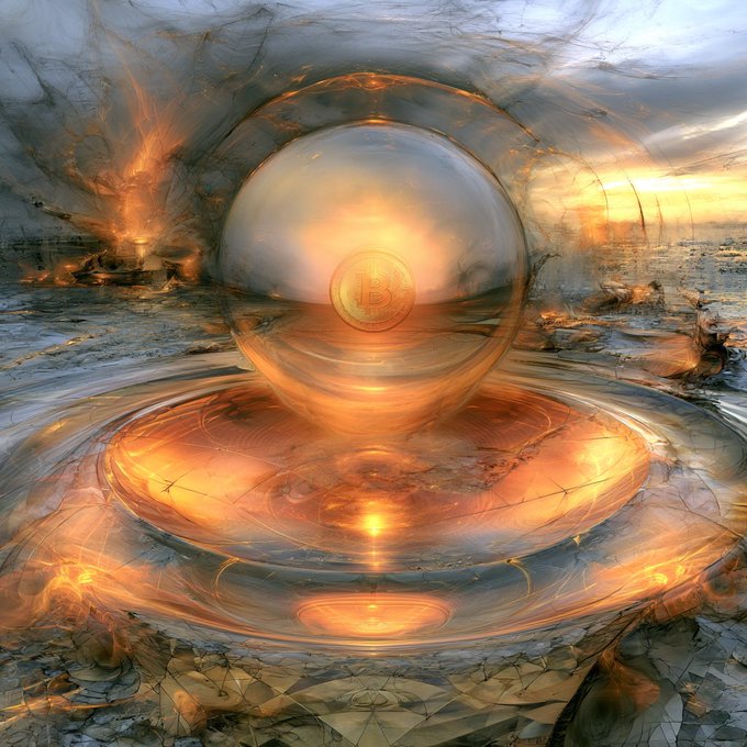 An abstract digital artwork featuring a translucent golden sphere containing a Bitcoin logo, resting on an ornate pedestal with swirling orange and grey ethereal textures surrounding it.