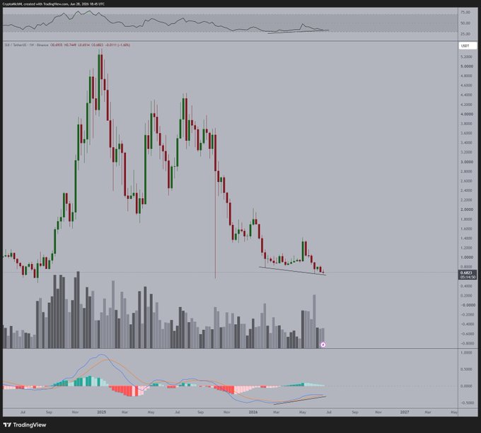A weekly TradingView chart of **SUI/USD** on Binance showing a prolonged downtrend from highs near $5.00 to a current price around **0.4663** (-1.46%), with the MACD indicator below displaying a clear bullish divergence as price makes lower lows while momentum indicators curl upward, supporting the post's view of an impending reversal in the coming weeks.