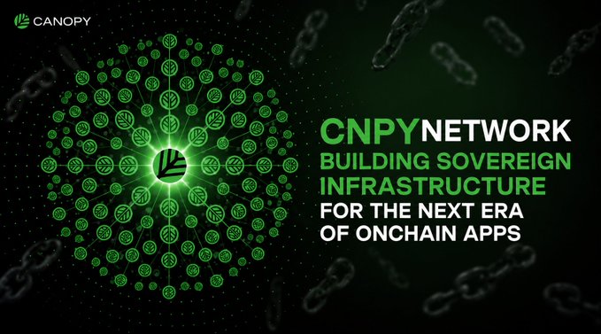 A promotional graphic for 'CANOPY CNPY NETWORK - BUILDING SOVEREIGN INFRASTRUCTURE FOR THE NEXT ERA OF ONCHAIN APPS' features a green geometric logo on a dark background.