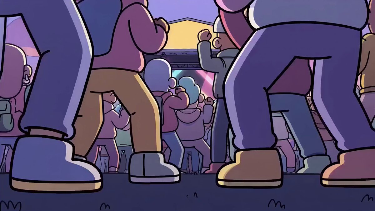 The image features a cartoon-style scene of people standing together with their legs crossed. There are two main characters prominently featured - one person wearing blue jeans and another dressed in pink pants, both holding hands. The background shows a crowd of people gathered around an event or location, creating a lively atmosphere. The post includes text that reads "doodles, welcome to @opensea Mobile!".