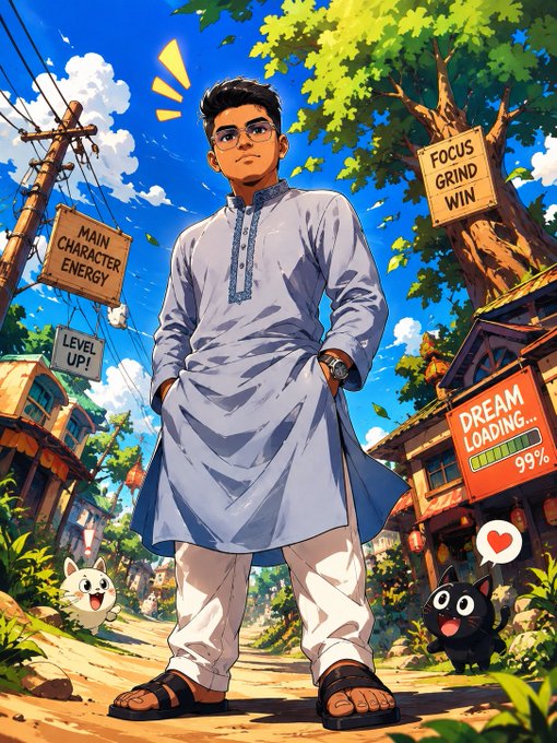 An anime-style illustration of a young man in a light blue kurta and white pants standing on a street, surrounded by text signs like "MAIN CHARACTER ENERGY," "LEVEL UP!", "FOCUS GRIND WIN," and "DREAM LOADING... 99%," with cartoon cats.