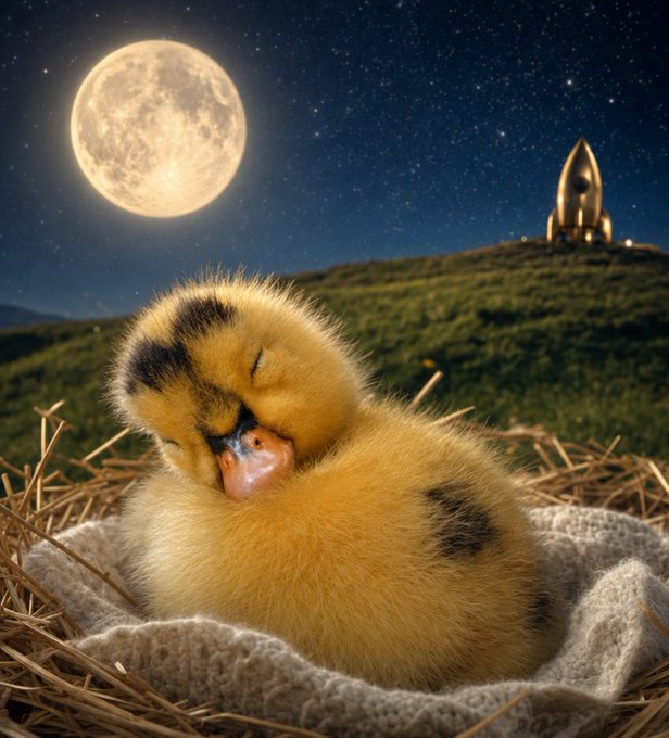 A yellow duckling sleeps curled up in a nest, with a large full moon and a rocket ship on a hill in the night sky background.