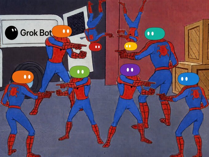 A colorful painting depicts multiple Spider-Man figures with variously colored heads (orange, teal, green, purple, blue, yellow, red) engaged in chaotic scenes including pointing and hanging upside down, with a 'Grok Bot' logo visible in the upper left corner.