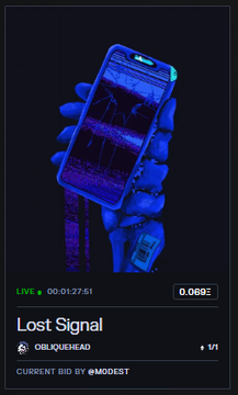 A dark, stylized digital artwork showing a hand holding a smartphone displaying a signal, with text reading 'Lost Signal' by 'OBLIQUEHEAD' and a live timer.