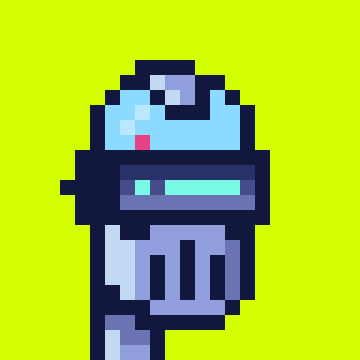 A pixel-art style character with a blue helmet and gray armor stands against a bright yellow-green background.