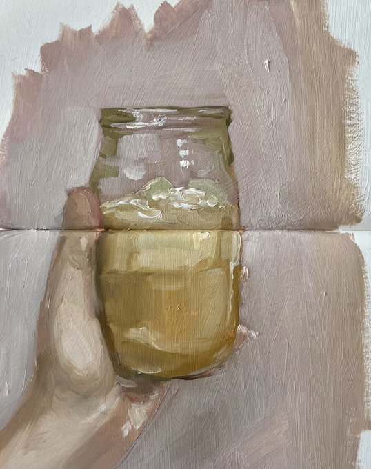 An oil painting on paper titled "Morning Brew," depicting a hand holding a cup of coffee against a soft pink and beige background, rendered with loose, expressive brushstrokes. The artwork is a unique piece (1/1) listed for 150 tez.