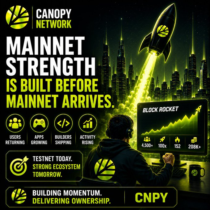 A promotional graphic for 'Canopy Network' featuring a rocket launching over a futuristic cityscape with the tagline 'MAINNET STRENGTH IS BUILT BEFORE MAINNET ARRIVES,' highlighting stats like 4,500+ users, 100x apps, and 152 builders, with the ticker CNPY.