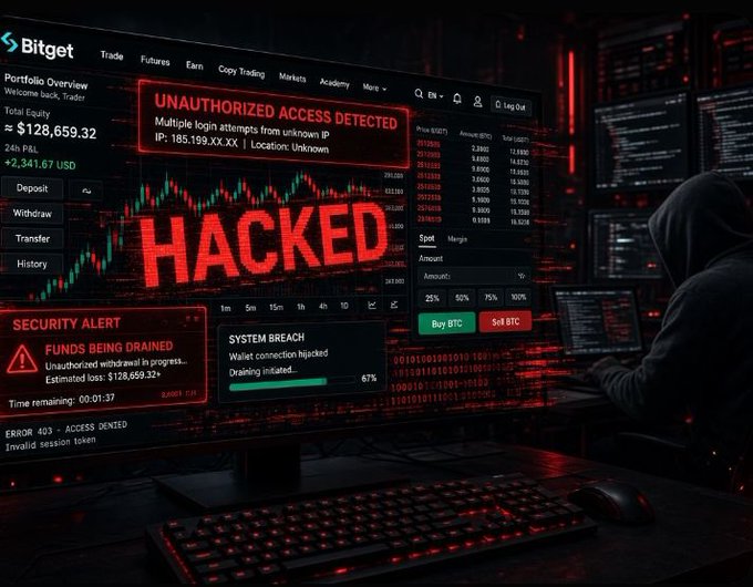 A dark, dramatic scene showing a Bitget trading platform interface with red warning screens displaying 'UNAUTHORIZED ACCESS DETECTED' and 'HACKED', along with a 'FUNDS BEING DRAINED' security alert and a hooded figure at a computer.