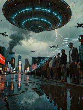 A cinematic sci-fi scene depicting a large UFO with glowing blue lights hovering over a wet city street, with drones flying nearby and a line of people wearing VR headsets standing on the sidewalk.