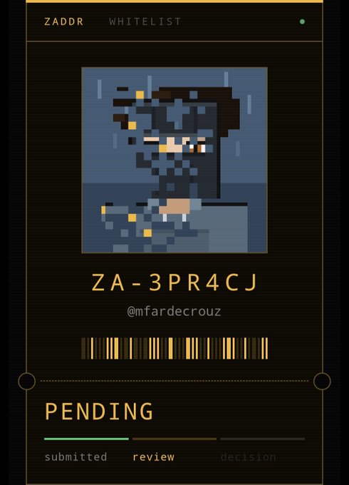 A ZADDR whitelist interface shows a pixel art avatar of a masked character, the code 'ZA-3PR4CJ' associated with '@mfardecrouz', and a progress bar indicating 'PENDING' status between 'submitted' and 'review' stages.