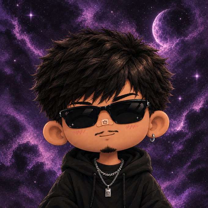 A stylized cartoon avatar of a person with messy black hair, sunglasses, a small beard, a hoop earring, and a black hoodie with chains, set against a purple cosmic background with a moon.