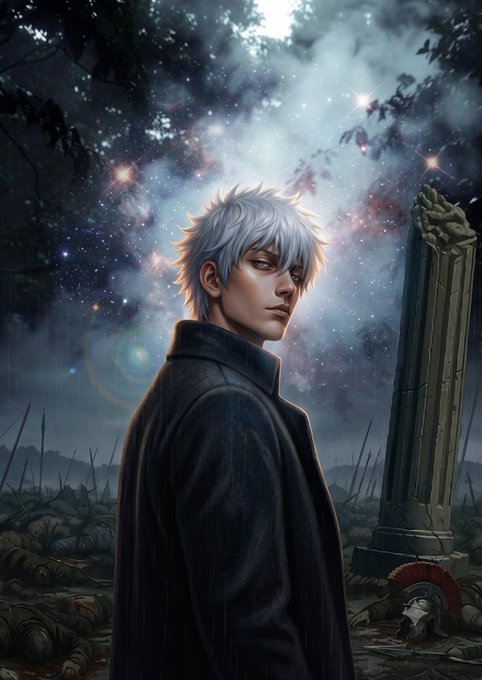 An anime-style digital illustration of Gintoki Sakata from Gintama, featuring the silver-haired character in a dark kimono standing before a battlefield with a Roman-style column under a starry night sky.