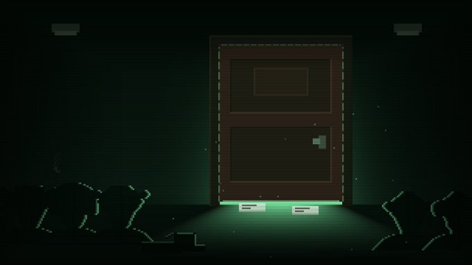 A dark pixel-art style scene showing a closed door glowing with green light at the bottom, flanked by rocky terrain in a shadowy environment.