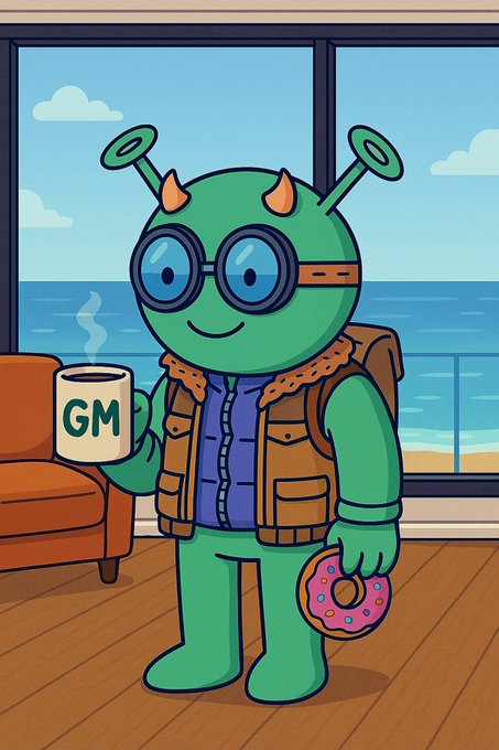 An illustration of a green, cartoon-style alien character with glasses and antennae wearing a brown vest, holding a 'GM' coffee mug and a frosted donut, standing in a room with an ocean view.