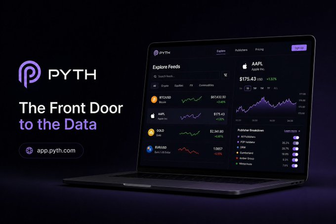 iphone app icon displays "Pyth" and "The Front Door to the Data", accompanied by a laptop screen displaying Bitcoin prices and market trends.