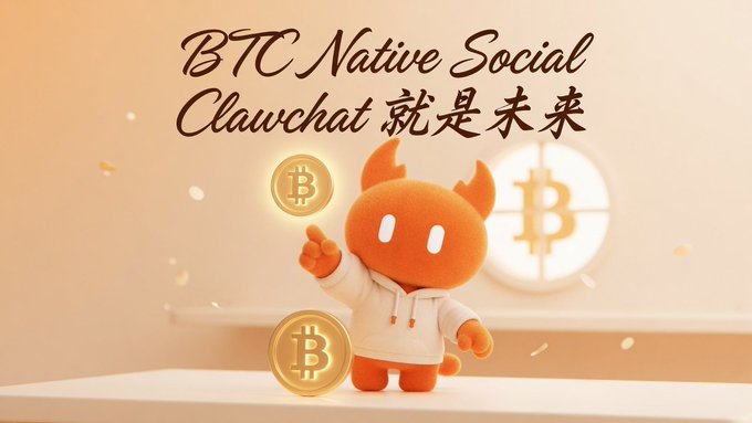 Promotional graphic featuring an orange cartoon mascot in a hoodie holding up a peace sign, with text reading 'BTC Native Social Clawchat 就是未来' alongside Bitcoin symbols.