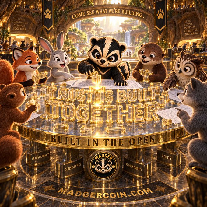 A promotional image for MadgerCoin.com featuring anthropomorphic animals (raccoon, rabbit, otter, fox, owl, wolf, bear) gathered around a golden holographic table displaying 'TRUST IS BUILT TOGETHER' and 'BUILT IN THE OPEN' with values like TRANSPARENCY, CONSISTENCY, ACCOUNTABILITY, and UTILITY.