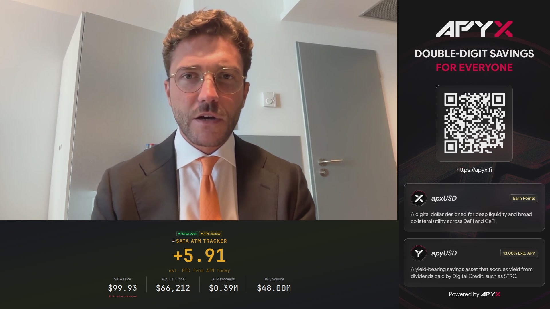 The image features a man dressed in a suit standing next to an advertisement for ApxX's double-digit savings for everyone. The text at the bottom of the poster talks about Bitcoin community involvement, specifically the ongoing tug of war between Mallers vs Saylor and the price test for digital credit. The man is wearing glasses and has a serious expression on his face as he looks into the camera.