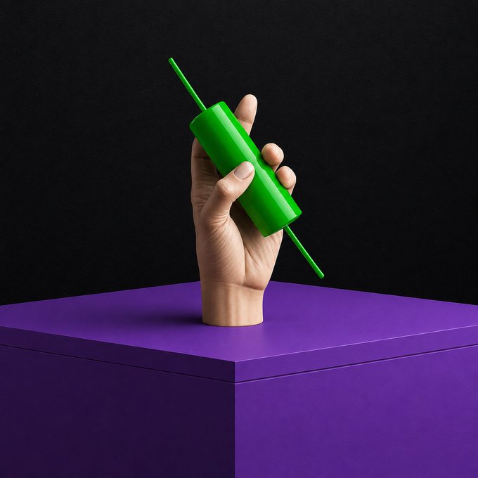 A surreal 3D render showing a disembodied hand emerging from a purple block, grasping a bright green cylindrical object pierced by a thin green rod against a black background.