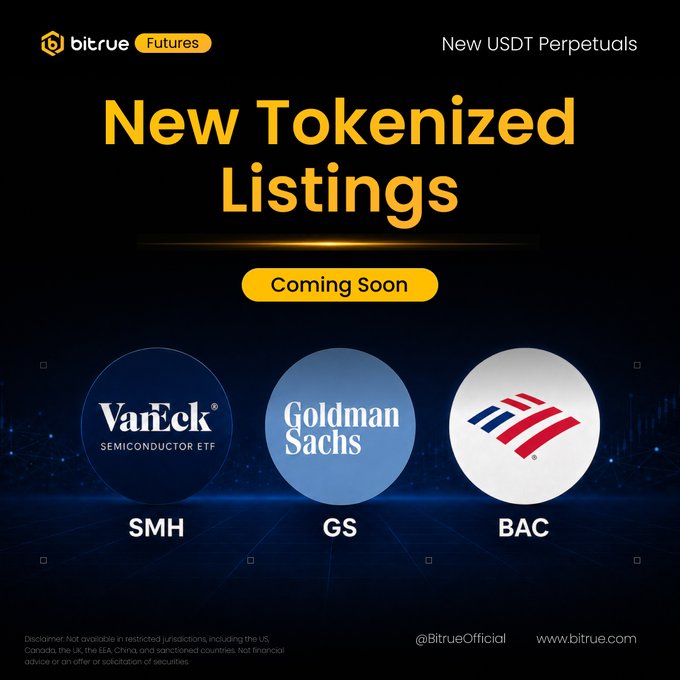 Bitrue Futures announces new tokenized USDT perpetual contract listings coming soon for SMH (VanEck Semiconductor ETF), GS (Goldman Sachs), and BAC (Bank of America).