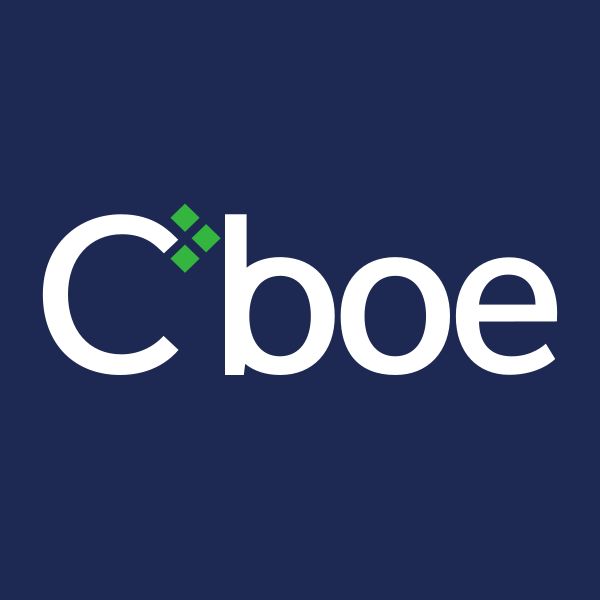 The Cboe logo, displayed in white lettering with a green diamond accent on a dark navy background, represents the exchange filing to list 3x-leveraged Bitcoin and Ethereum ETFs along with similar products for gold, silver, oil, and natural gas pending SEC approval.