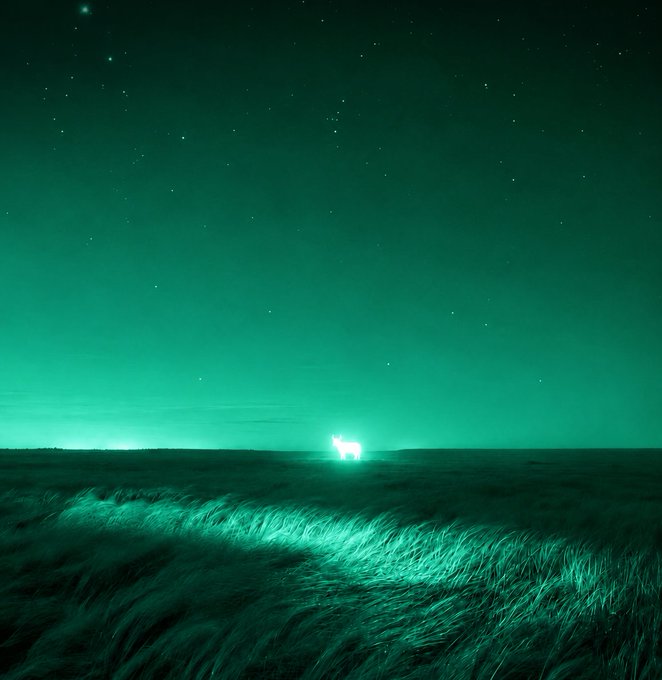 A night scene of a field with tall grass under a green-tinted sky filled with stars, with a single bright light source glowing on the horizon.