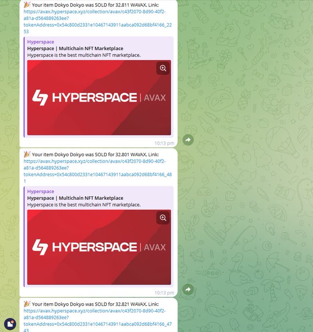 A Telegram chat screenshot showing multiple notifications that a 'Dokyo Dokyo' NFT item was sold on Hyperspace Multichain NFT Marketplace for approximately 32.801-32.821 WAVAX.