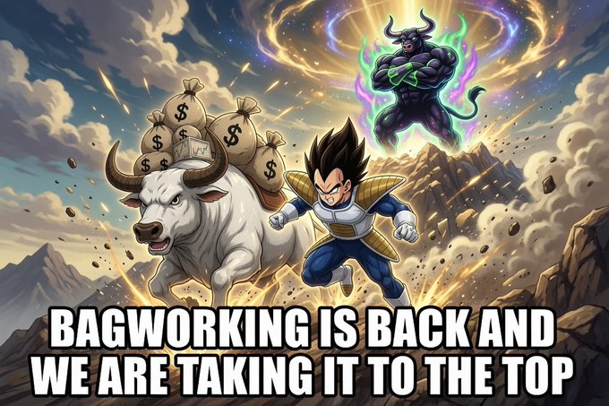 An anime-style illustration featuring Vegeta alongside a money-laden white bull and a dark muscular bull-like figure, captioned 'BAGWORKING IS BACK AND WE ARE TAKING IT TO THE TOP.'
