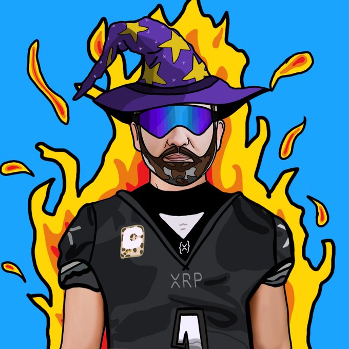 A cartoon-style NFT avatar of a bearded man wearing a purple wizard hat, sunglasses, and a black shirt labeled 'XRP', set against a background of flames.