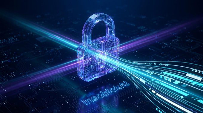 Digital illustration of a glowing blue circuit-style padlock with the text "InsobiokAI" displayed below it against a dark background with light streaks.