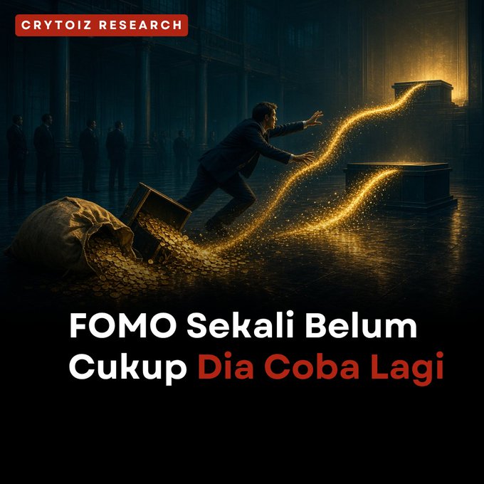 A dramatic illustration from 'CRYTOIZ RESEARCH' depicting a man in a suit grasping for a trail of glowing golden coins in a vault, with the text 'FOMO Sekali Belum Cukup Dia Coba Lagi' below.