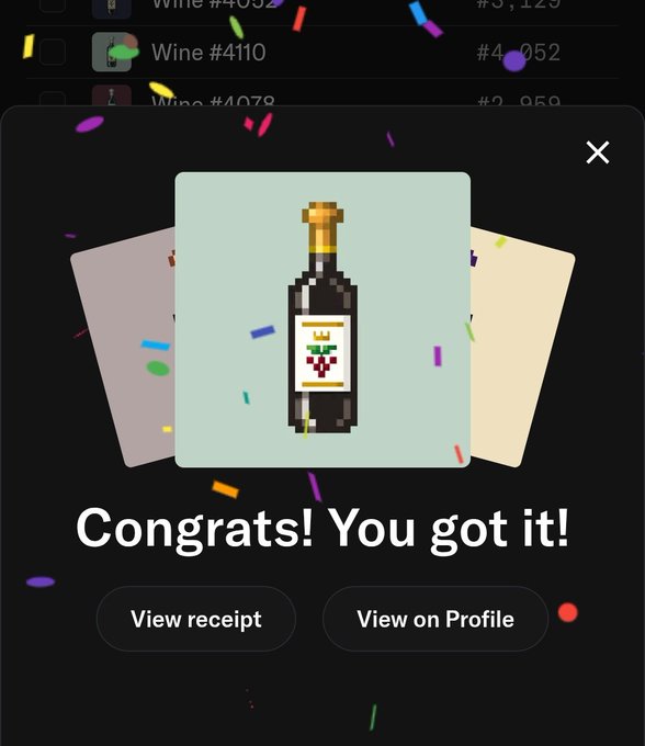 A dark-mode digital interface displaying 'Congrats! You got it!' above 'View receipt' and 'View on Profile' buttons, featuring a pixel-art bottle of wine as the central won item with confetti falling around it.
