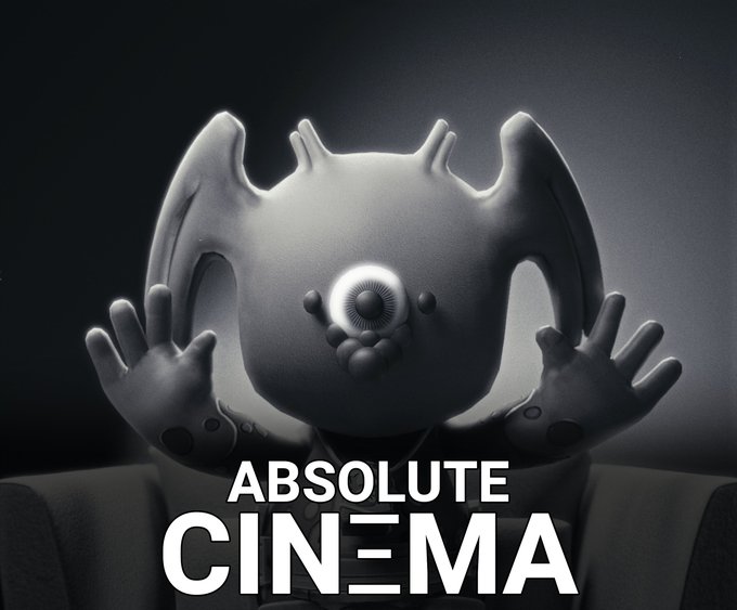 A black-and-white 3D render of a small, ghost-like Pokémon with a single central eye and raised hands, captioned with the text 'ABSOLUTE CINEMA'.