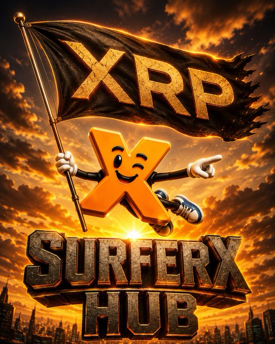 A dramatic graphic featuring an orange 'X' character holding a black flag with 'XRP' in gold, above the text 'SURFERY HUB' against a fiery sky.