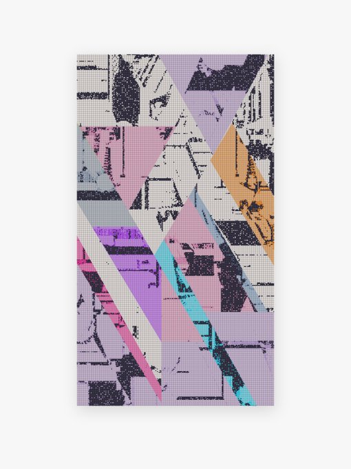 A vertical artwork featuring a pixelated, geometric composition with overlapping triangular shapes in pastel purple, pink, orange, white, and turquoise hues overlaid on a textured black-and-white photographic background. The piece, titled "Overexposure #917" with the trait "Colorful Pixels," matches the post's description and is now part of the @robt_eth_ NFT collection.