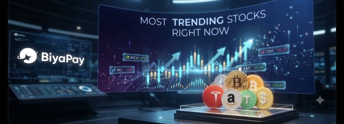 Digital graphic featuring the 'BiyaPay' logo next to a futuristic display titled 'MOST TRENDING STOCKS RIGHT NOW', showing stock tickers like NVDA, MU, TSLA, and AAPL alongside cryptocurrency symbols.