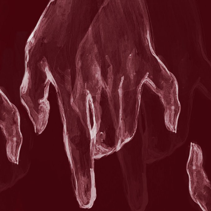 A dark red and black abstract painting featuring ghostly, flame-like or dripping shapes painted in a textured, gestural style.