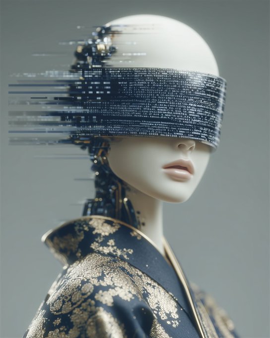 A futuristic pale mannequin-like figure wears a VR-style visor displaying scrolling digital text/code, dressed in an ornate dark garment with gold floral patterns.