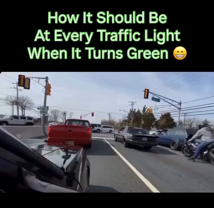 The image shows a car driving down an empty street with multiple traffic lights, including one that has turned green for the car behind it. There are also two motorcycles visible in the scene - one near the center of the image and another further back on the right side. The text "How it should be at every traffic light when it turns green" is written above the image, which seems to be a reference or commentary about the current situation.

The post appears to be related to the recent event that happened in the city where the car was driving down the street with its turn signal on and another car behind it waiting for their turn. The caption suggests that this incident could have been captured by someone who was present at the scene, possibly a driver or pedestrian.